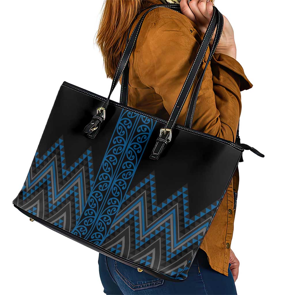Blue Aotearoa Mangopare Kowhaiwhai and Niho Taniwha Leather Tote Bag Maori New Zealand