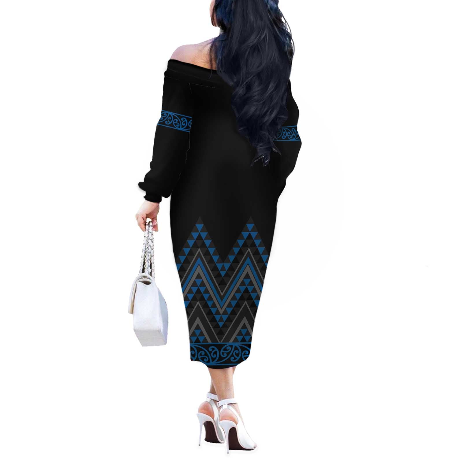 Blue Aotearoa Mangopare Kowhaiwhai and Niho Taniwha Off The Shoulder Long Sleeve Dress Maori New Zealand