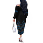 Blue Aotearoa Mangopare Kowhaiwhai and Niho Taniwha Off The Shoulder Long Sleeve Dress Maori New Zealand