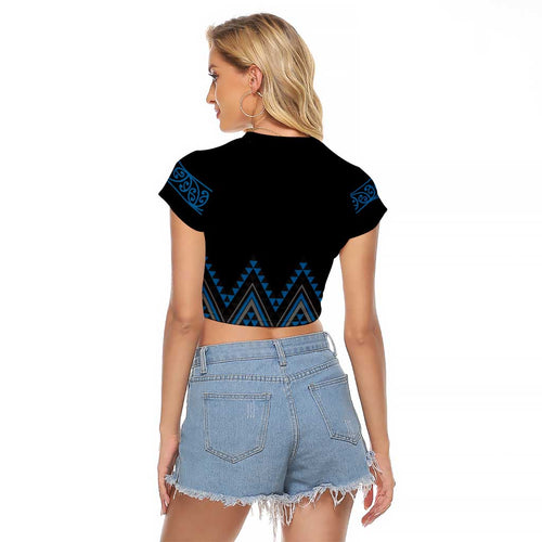 Blue Aotearoa Mangopare Kowhaiwhai and Niho Taniwha Raglan Cropped T Shirt Maori New Zealand