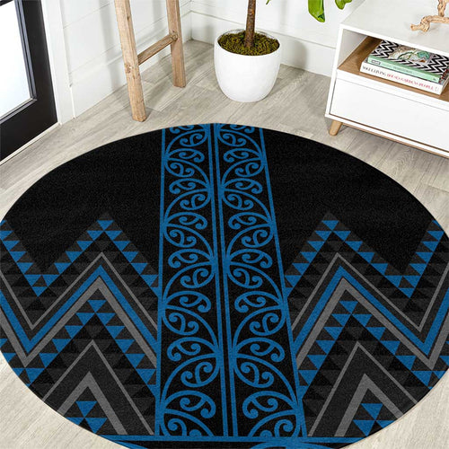 Blue Aotearoa Mangopare Kowhaiwhai and Niho Taniwha Round Carpet Maori New Zealand