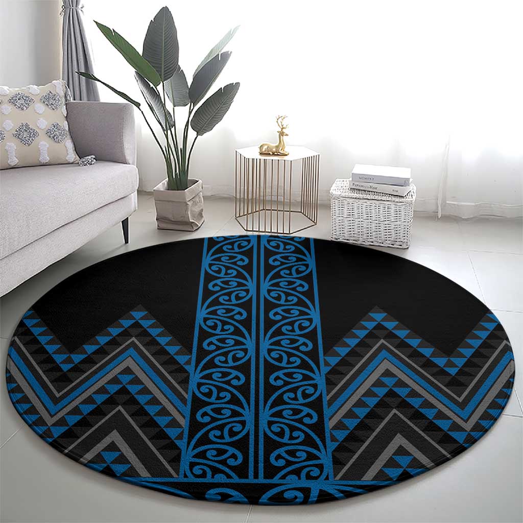 Blue Aotearoa Mangopare Kowhaiwhai and Niho Taniwha Round Carpet Maori New Zealand