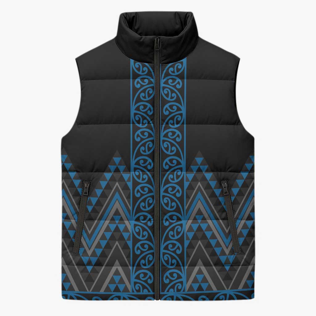 Blue Aotearoa Mangopare Kowhaiwhai Niho Taniwha Sleeveless Puffer Jacket Maori New Zealand - Aussie Hoodie