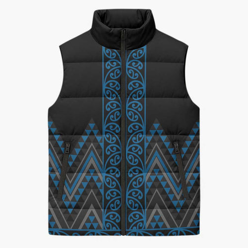 Blue Aotearoa Mangopare Kowhaiwhai Niho Taniwha Sleeveless Puffer Jacket Maori New Zealand - Aussie Hoodie