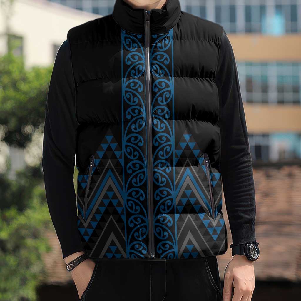 Blue Aotearoa Mangopare Kowhaiwhai Niho Taniwha Sleeveless Puffer Jacket Maori New Zealand - Aussie Hoodie