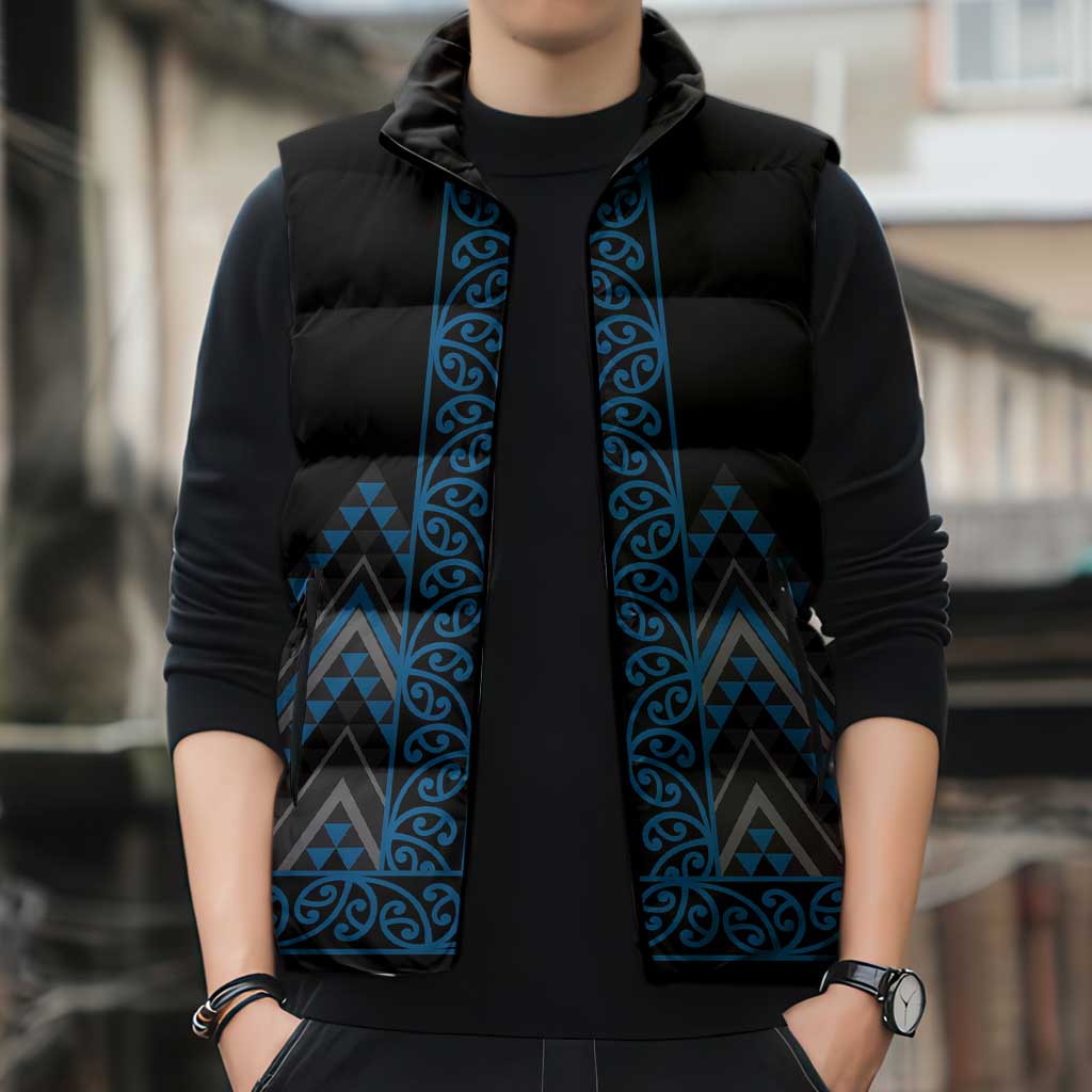 Blue Aotearoa Mangopare Kowhaiwhai Niho Taniwha Sleeveless Puffer Jacket Maori New Zealand - Aussie Hoodie