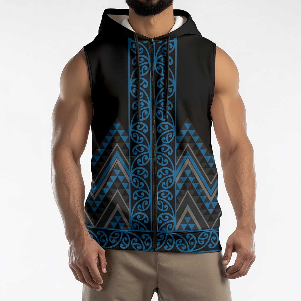 Blue Aotearoa Mangopare Kowhaiwhai Niho Taniwha Sleeveless Zip Hoodie Maori New Zealand LT14