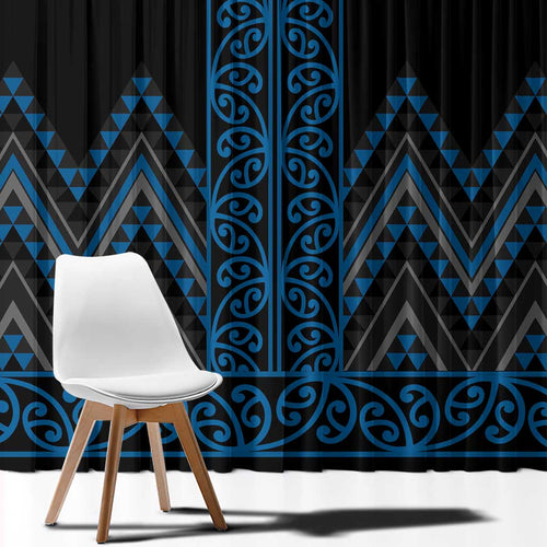 Blue Aotearoa Mangopare Kowhaiwhai and Niho Taniwha Window Curtain Maori New Zealand