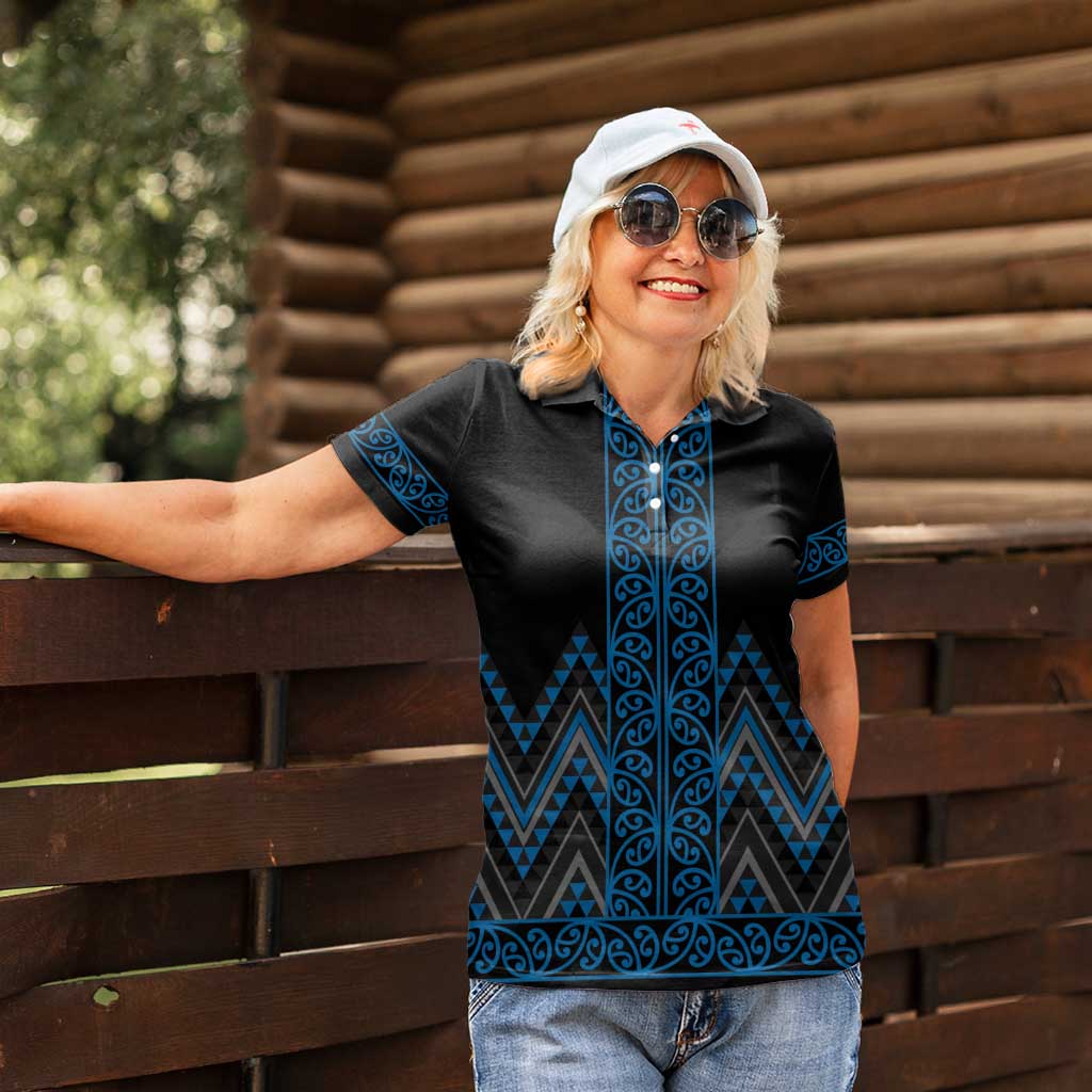 Blue Aotearoa Mangopare Kowhaiwhai and Niho Taniwha Women Polo Shirt Maori New Zealand