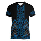 Blue Aotearoa Mangopare Kowhaiwhai and Niho Taniwha Women V-Neck T-Shirt Maori New Zealand