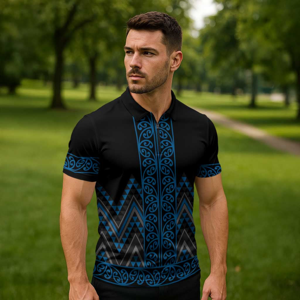 Blue Aotearoa Mangopare Kowhaiwhai Niho Taniwha Zipper Polo Shirt Maori New Zealand - Aussie Hoodie