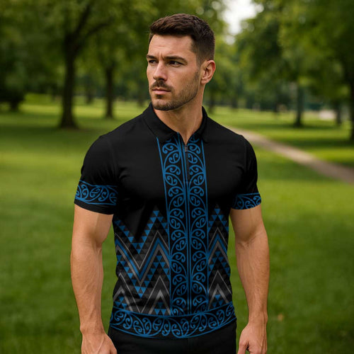 Blue Aotearoa Mangopare Kowhaiwhai Niho Taniwha Zipper Polo Shirt Maori New Zealand - Aussie Hoodie