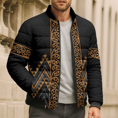 Gold Aotearoa Mangopare Kowhaiwhai Niho Taniwha Bomber Puffer Jacket Maori New Zealand - Aussie Hoodie