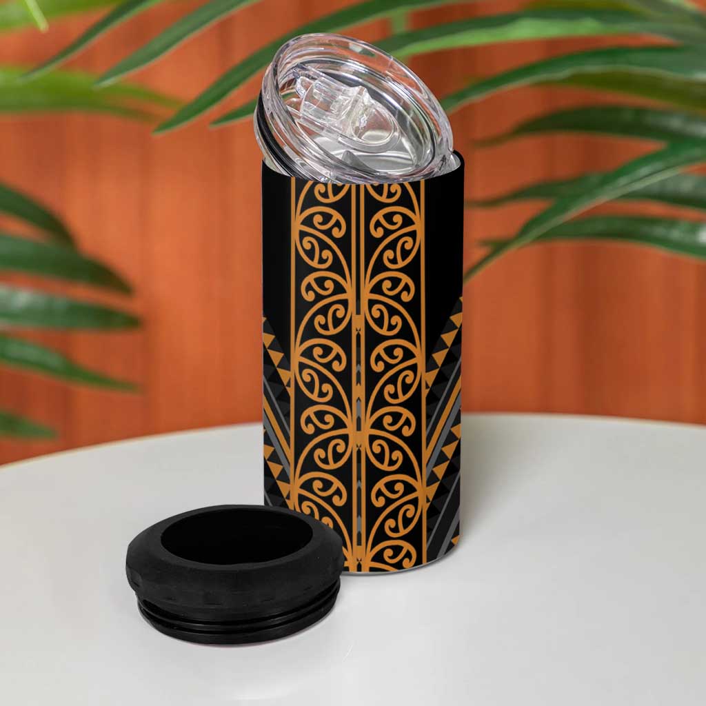 Gold Aotearoa Mangopare Kowhaiwhai and Niho Taniwha 4 in 1 Can Cooler Tumbler Maori New Zealand