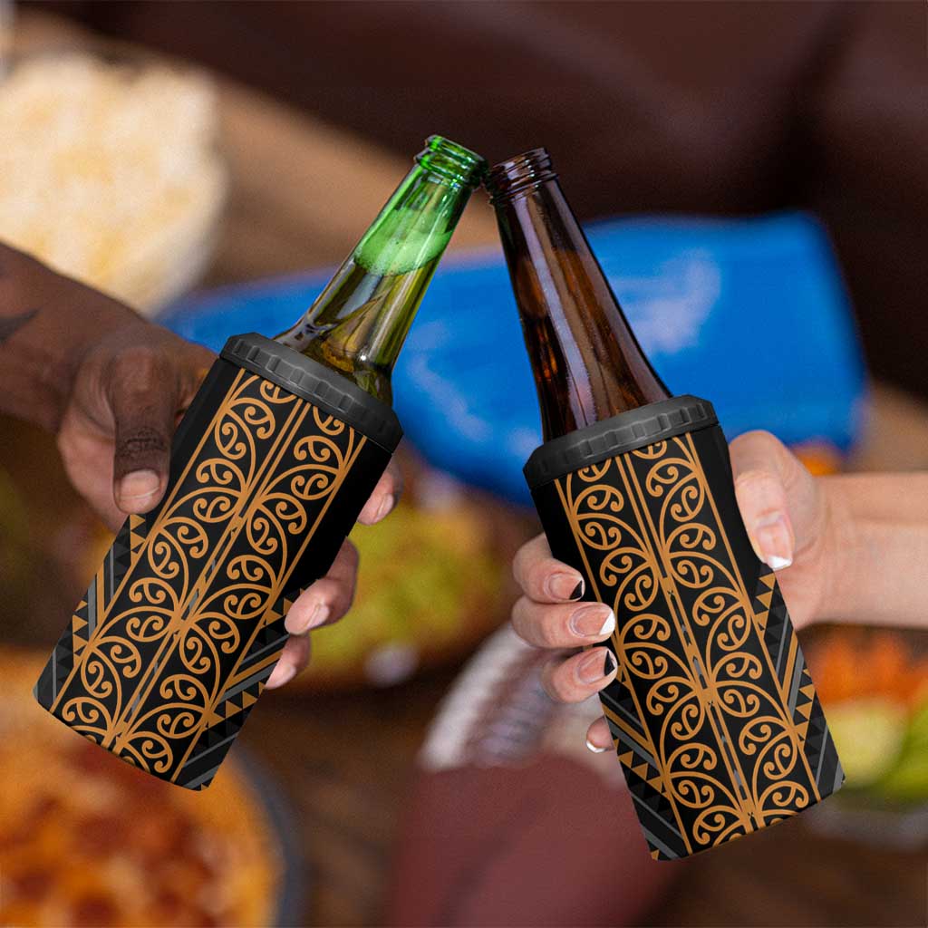 Gold Aotearoa Mangopare Kowhaiwhai and Niho Taniwha 4 in 1 Can Cooler Tumbler Maori New Zealand