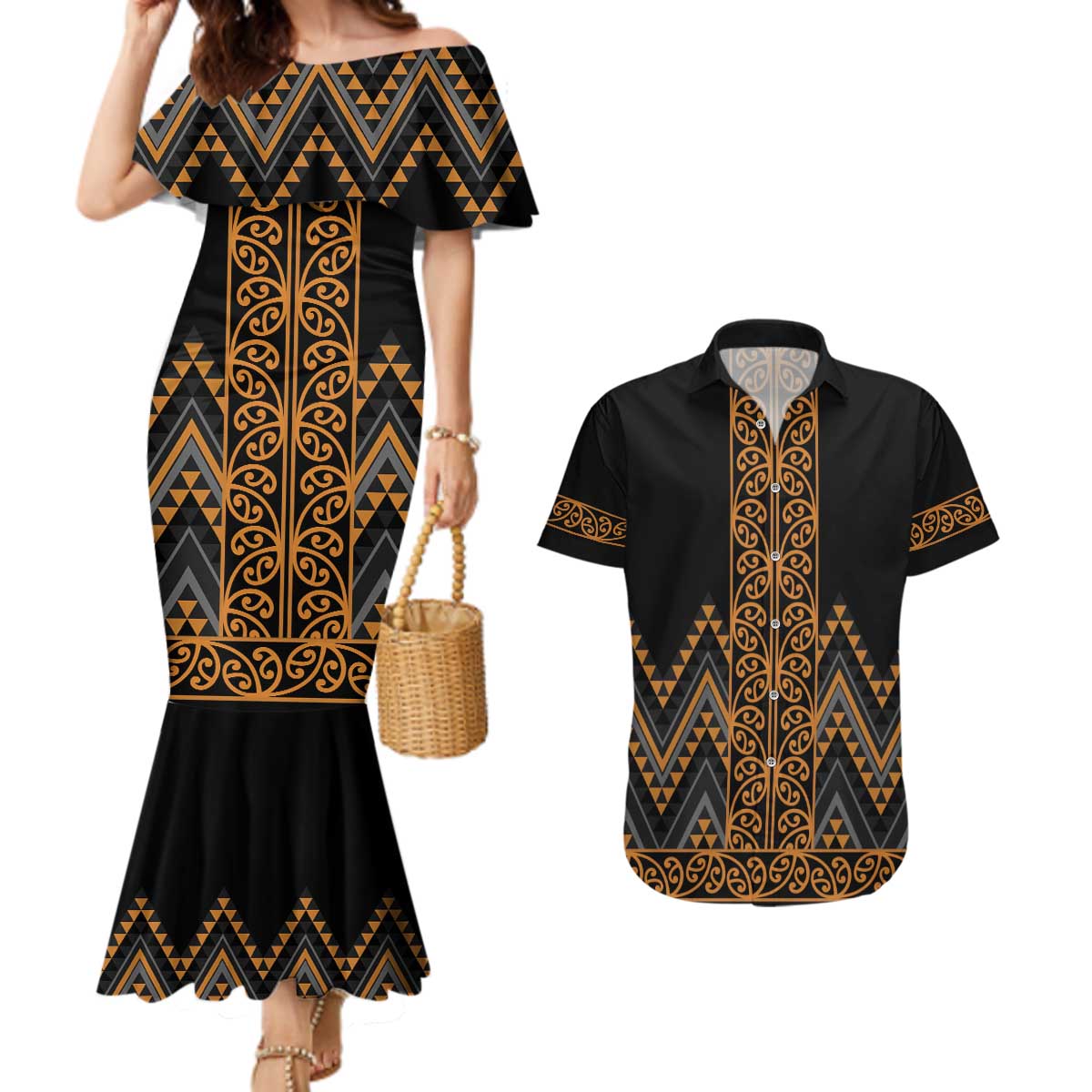 Gold Aotearoa Mangopare Kowhaiwhai and Niho Taniwha Couples Matching Mermaid Dress and Hawaiian Shirt Maori New Zealand