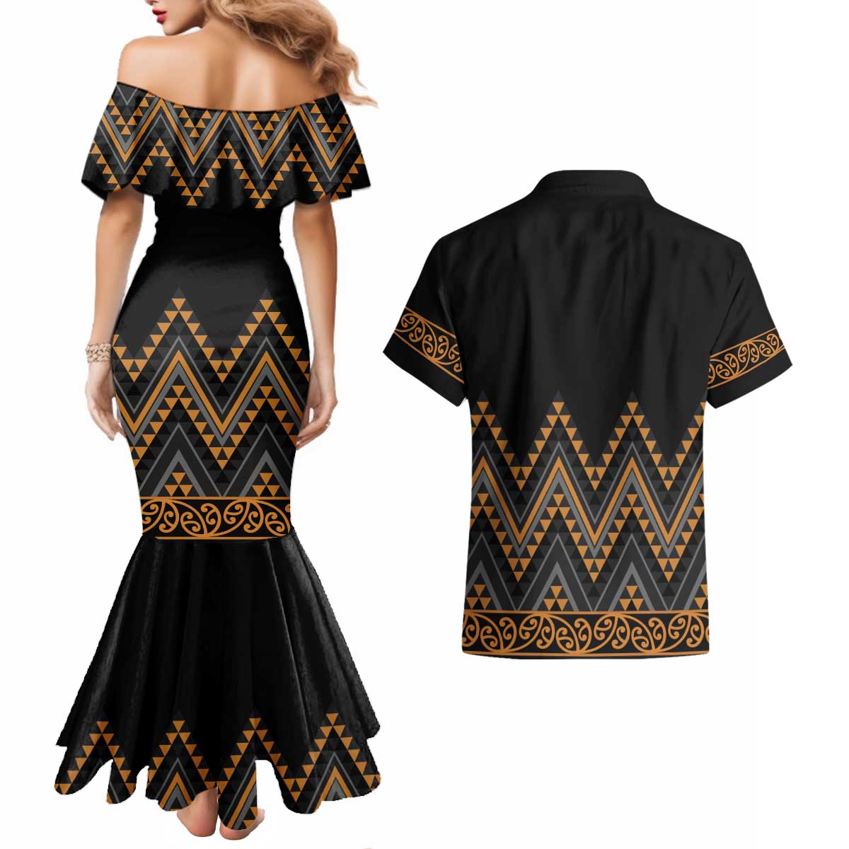 Gold Aotearoa Mangopare Kowhaiwhai and Niho Taniwha Couples Matching Mermaid Dress and Hawaiian Shirt Maori New Zealand