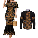 Gold Aotearoa Mangopare Kowhaiwhai and Niho Taniwha Couples Matching Mermaid Dress and Long Sleeve Button Shirt Maori New Zealand