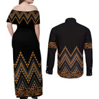 Gold Aotearoa Mangopare Kowhaiwhai and Niho Taniwha Couples Matching Off Shoulder Maxi Dress and Long Sleeve Button Shirt Maori New Zealand