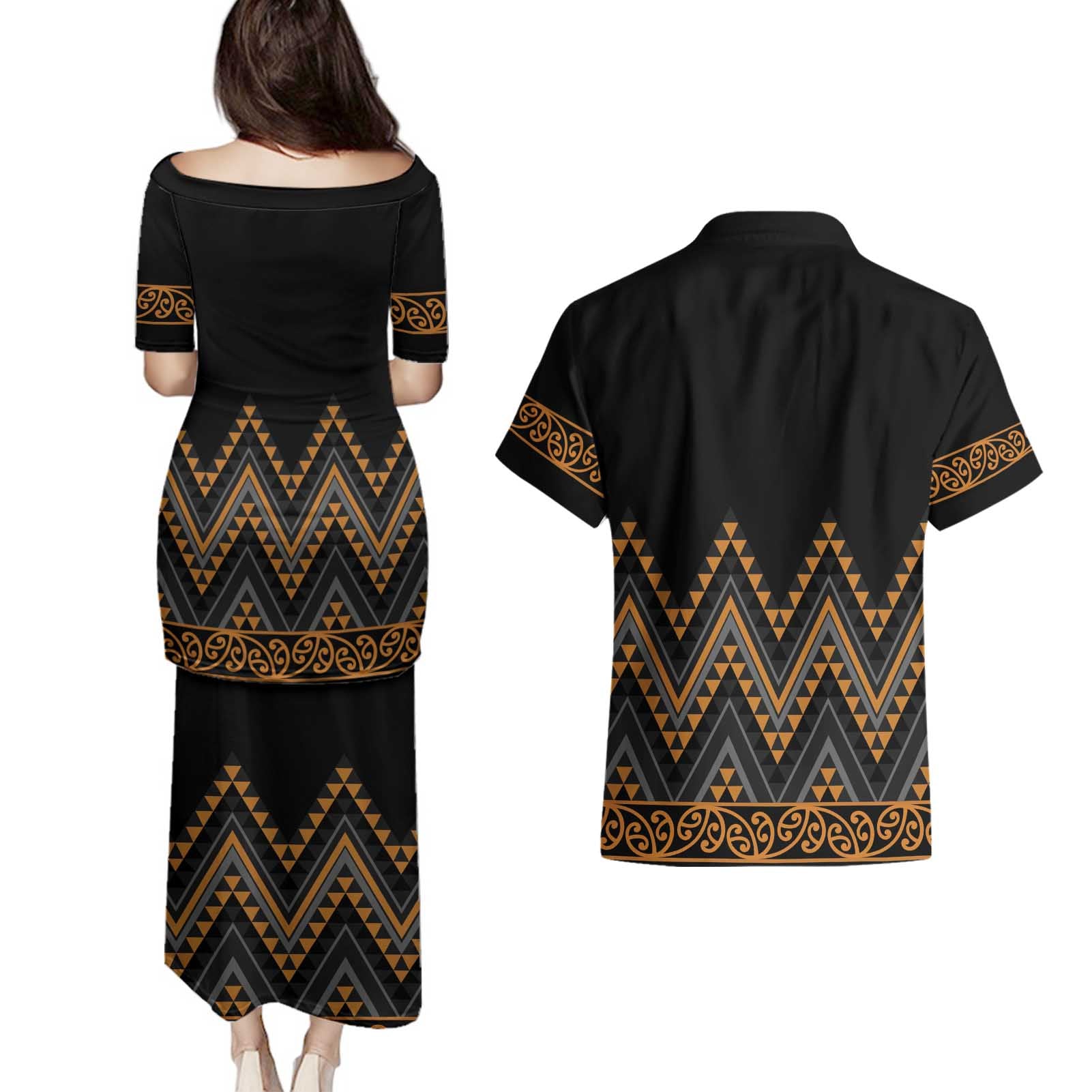 Gold Aotearoa Mangopare Kowhaiwhai and Niho Taniwha Couples Matching Puletasi and Hawaiian Shirt Maori New Zealand