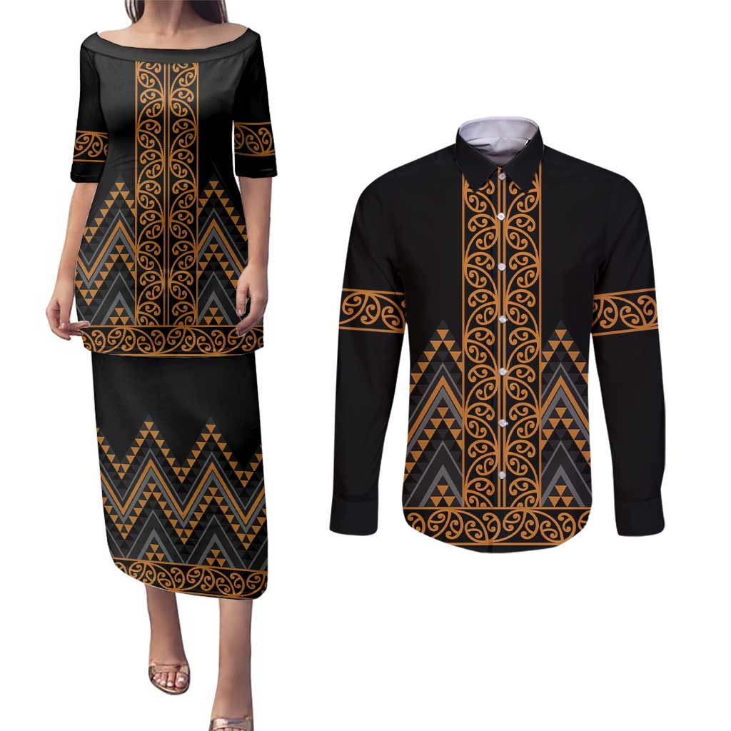 Gold Aotearoa Mangopare Kowhaiwhai and Niho Taniwha Couples Matching Puletasi and Long Sleeve Button Shirt Maori New Zealand
