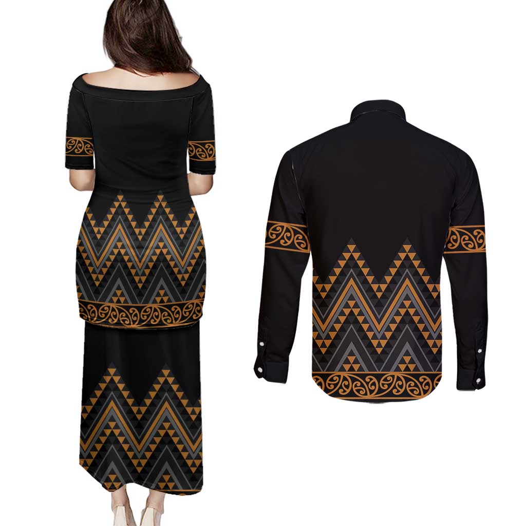 Gold Aotearoa Mangopare Kowhaiwhai and Niho Taniwha Couples Matching Puletasi and Long Sleeve Button Shirt Maori New Zealand