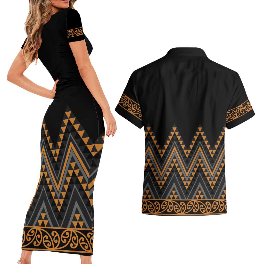 Gold Aotearoa Mangopare Kowhaiwhai and Niho Taniwha Couples Matching Short Sleeve Bodycon Dress and Hawaiian Shirt Maori New Zealand