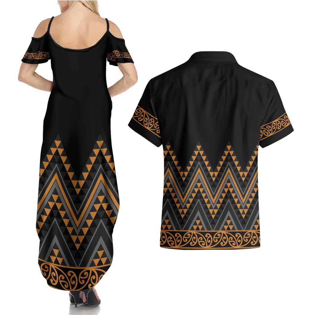 Gold Aotearoa Mangopare Kowhaiwhai and Niho Taniwha Couples Matching Summer Maxi Dress and Hawaiian Shirt Maori New Zealand
