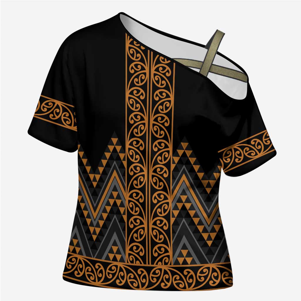 Gold Aotearoa Mangopare Kowhaiwhai Niho Taniwha Cross Shoulder Shirt Maori New Zealand - Aussie Hoodie