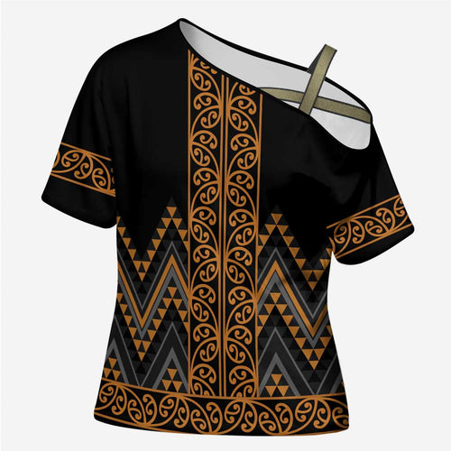 Gold Aotearoa Mangopare Kowhaiwhai Niho Taniwha Cross Shoulder Shirt Maori New Zealand - Aussie Hoodie