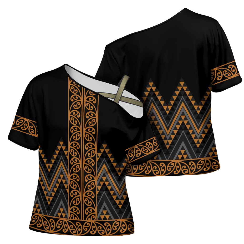 Gold Aotearoa Mangopare Kowhaiwhai Niho Taniwha Cross Shoulder Shirt Maori New Zealand - Aussie Hoodie