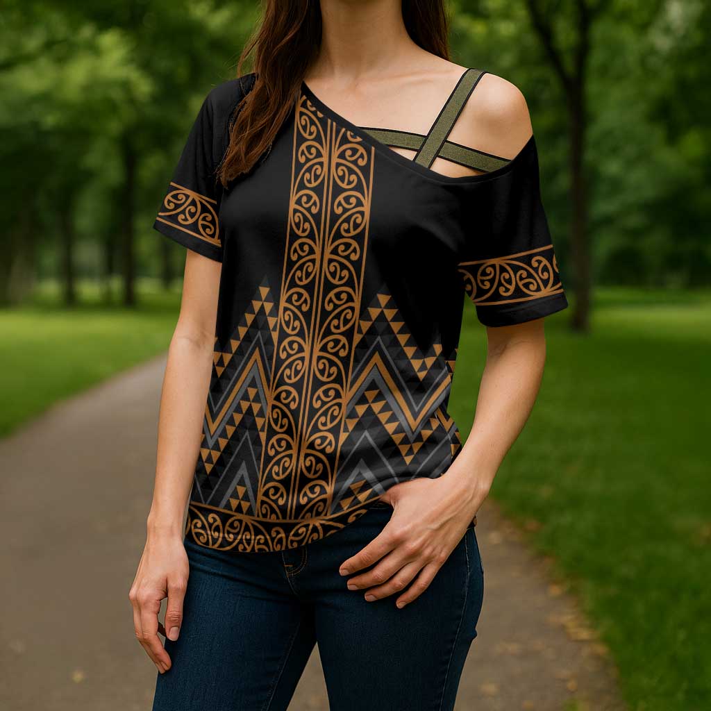 Gold Aotearoa Mangopare Kowhaiwhai Niho Taniwha Cross Shoulder Shirt Maori New Zealand - Aussie Hoodie