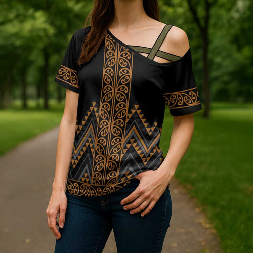 Gold Aotearoa Mangopare Kowhaiwhai Niho Taniwha Cross Shoulder Shirt Maori New Zealand - Aussie Hoodie