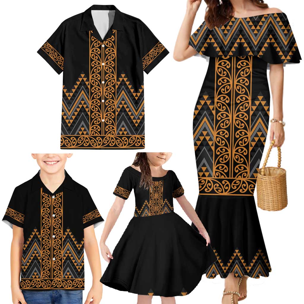 Gold Aotearoa Mangopare Kowhaiwhai and Niho Taniwha Family Matching Mermaid Dress and Hawaiian Shirt Maori New Zealand