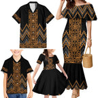 Gold Aotearoa Mangopare Kowhaiwhai and Niho Taniwha Family Matching Mermaid Dress and Hawaiian Shirt Maori New Zealand