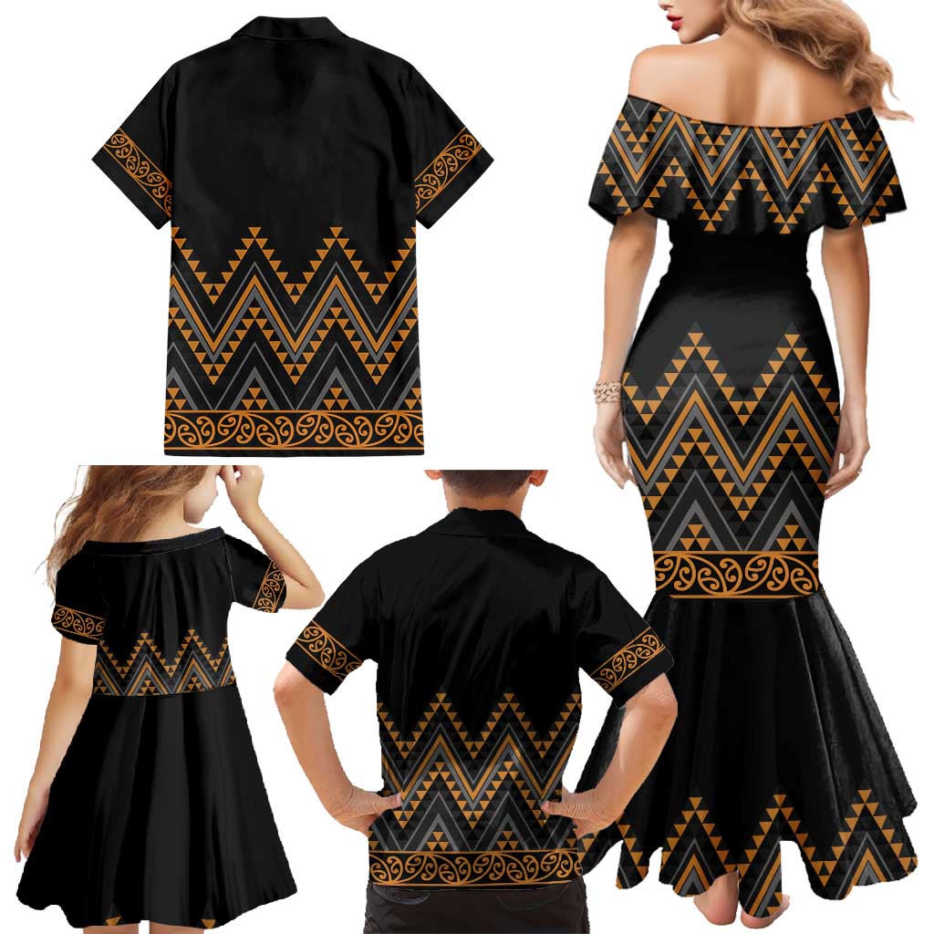 Gold Aotearoa Mangopare Kowhaiwhai and Niho Taniwha Family Matching Mermaid Dress and Hawaiian Shirt Maori New Zealand