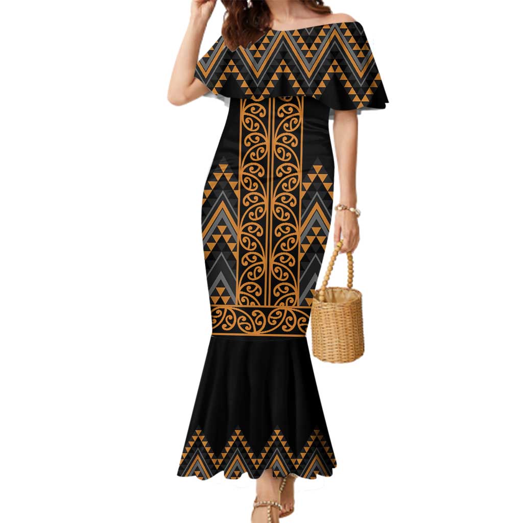 Gold Aotearoa Mangopare Kowhaiwhai and Niho Taniwha Family Matching Mermaid Dress and Hawaiian Shirt Maori New Zealand
