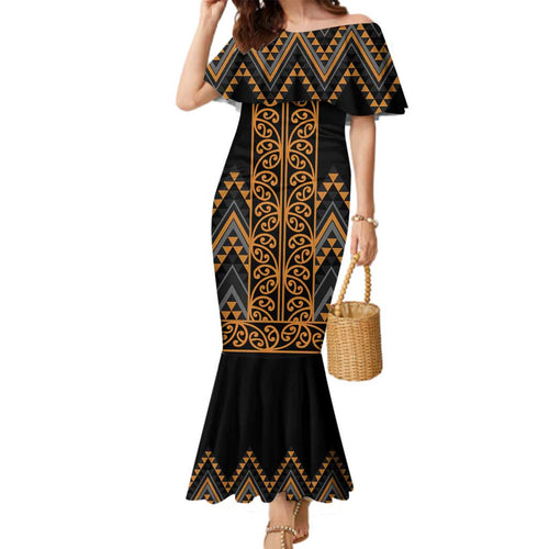 Gold Aotearoa Mangopare Kowhaiwhai and Niho Taniwha Family Matching Mermaid Dress and Hawaiian Shirt Maori New Zealand