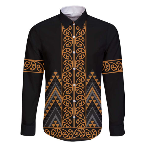 Gold Aotearoa Mangopare Kowhaiwhai and Niho Taniwha Family Matching Off The Shoulder Long Sleeve Dress and Hawaiian Shirt Maori New Zealand