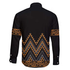 Gold Aotearoa Mangopare Kowhaiwhai and Niho Taniwha Family Matching Off The Shoulder Long Sleeve Dress and Hawaiian Shirt Maori New Zealand