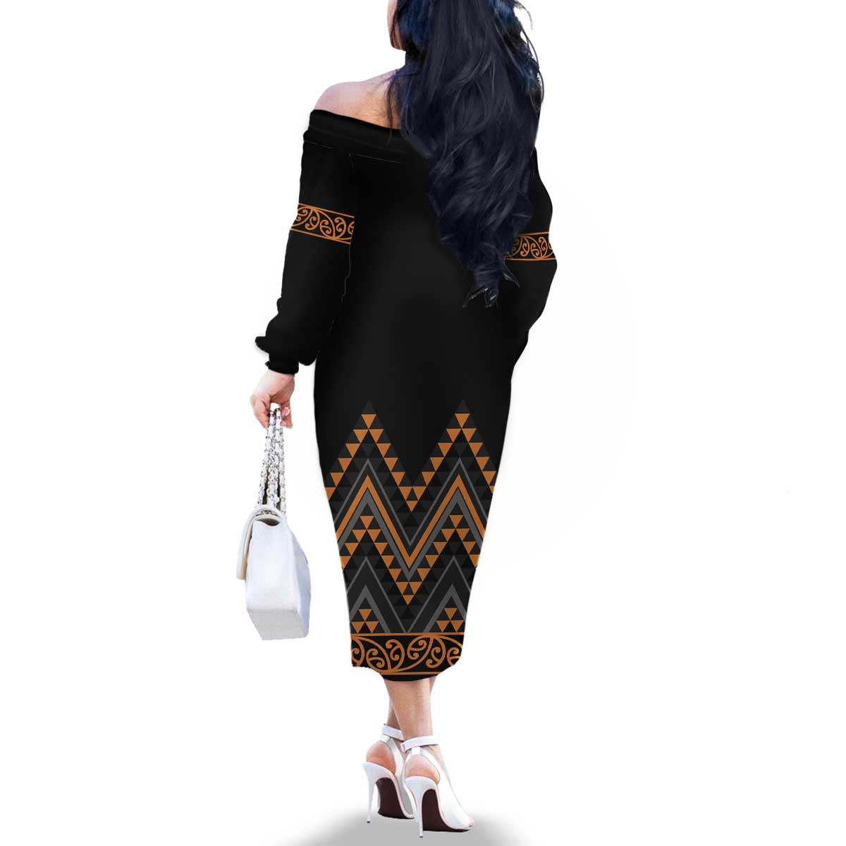 Gold Aotearoa Mangopare Kowhaiwhai and Niho Taniwha Family Matching Off The Shoulder Long Sleeve Dress and Hawaiian Shirt Maori New Zealand