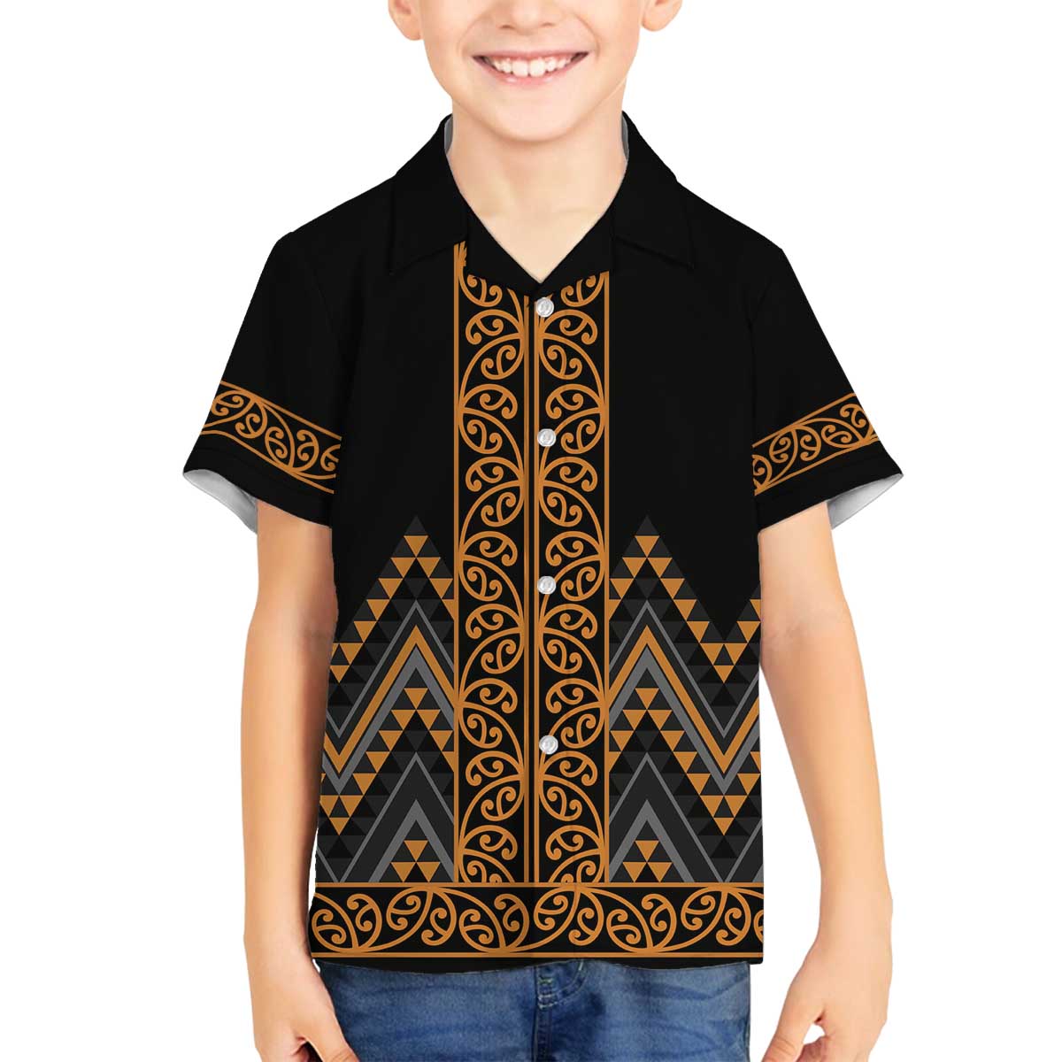 Gold Aotearoa Mangopare Kowhaiwhai and Niho Taniwha Family Matching Off The Shoulder Long Sleeve Dress and Hawaiian Shirt Maori New Zealand