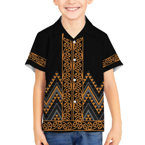 Gold Aotearoa Mangopare Kowhaiwhai and Niho Taniwha Family Matching Off The Shoulder Long Sleeve Dress and Hawaiian Shirt Maori New Zealand