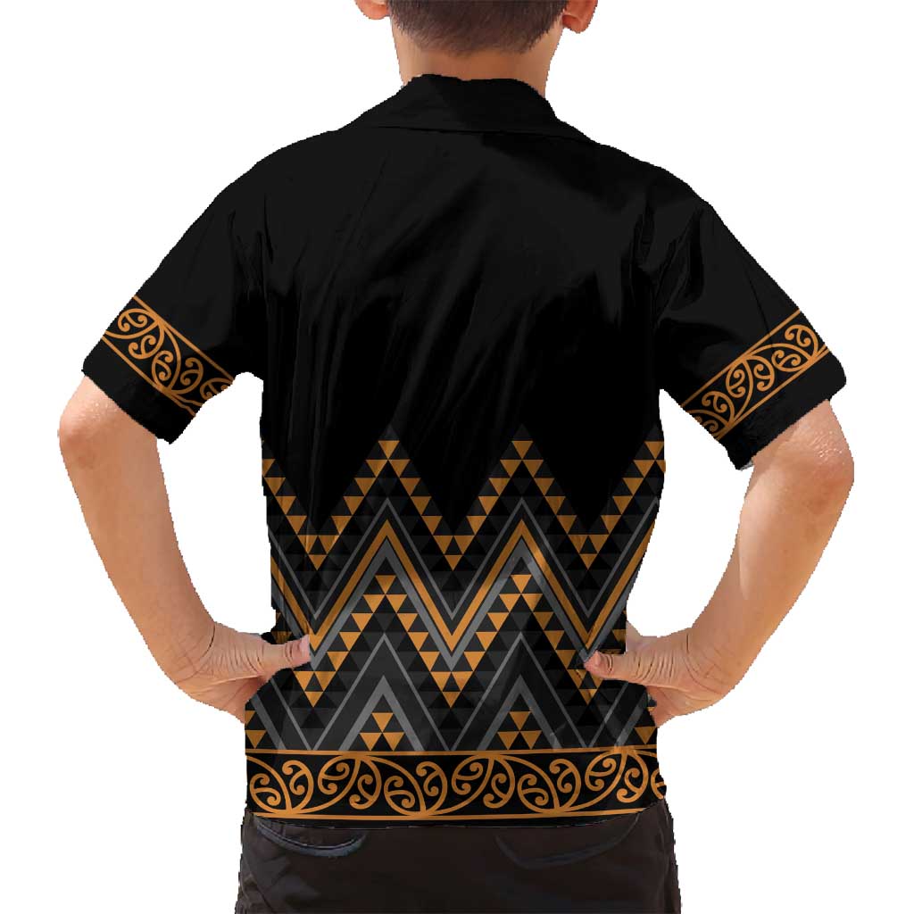 Gold Aotearoa Mangopare Kowhaiwhai and Niho Taniwha Family Matching Off Shoulder Maxi Dress and Hawaiian Shirt Maori New Zealand