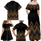 Gold Aotearoa Mangopare Kowhaiwhai and Niho Taniwha Family Matching Off Shoulder Maxi Dress and Hawaiian Shirt Maori New Zealand