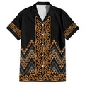 Gold Aotearoa Mangopare Kowhaiwhai and Niho Taniwha Family Matching Off Shoulder Maxi Dress and Hawaiian Shirt Maori New Zealand
