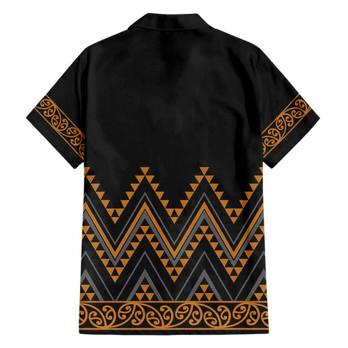 Gold Aotearoa Mangopare Kowhaiwhai and Niho Taniwha Family Matching Off Shoulder Maxi Dress and Hawaiian Shirt Maori New Zealand