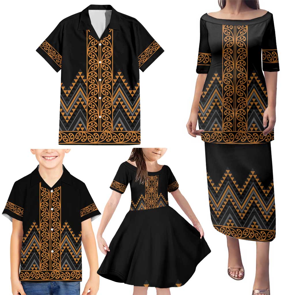 Gold Aotearoa Mangopare Kowhaiwhai and Niho Taniwha Family Matching Puletasi and Hawaiian Shirt Maori New Zealand