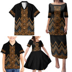 Gold Aotearoa Mangopare Kowhaiwhai and Niho Taniwha Family Matching Puletasi and Hawaiian Shirt Maori New Zealand