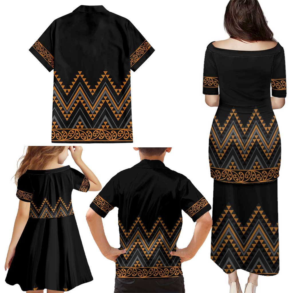 Gold Aotearoa Mangopare Kowhaiwhai and Niho Taniwha Family Matching Puletasi and Hawaiian Shirt Maori New Zealand